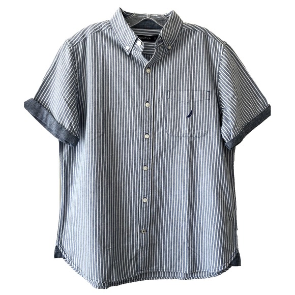 Nautica Mens Striped Shirt‎ Size M Blue-Gray Solid Trim Pocket Embroidered Logo - Picture 2 of 9